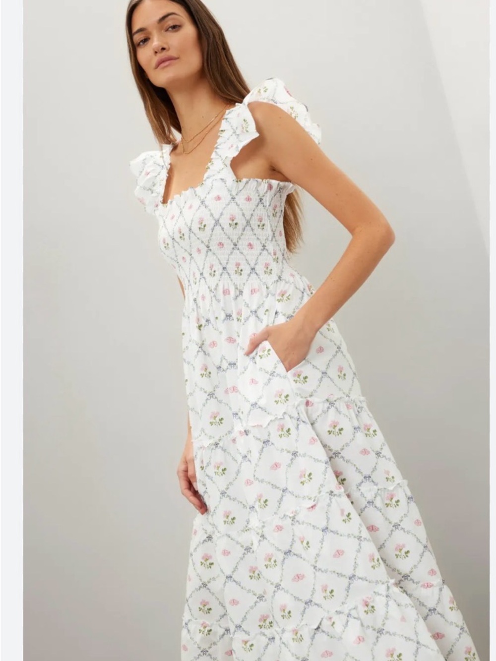 Hill House White Sundress with Pink & Blue Floral Lattice perfect for pre teens